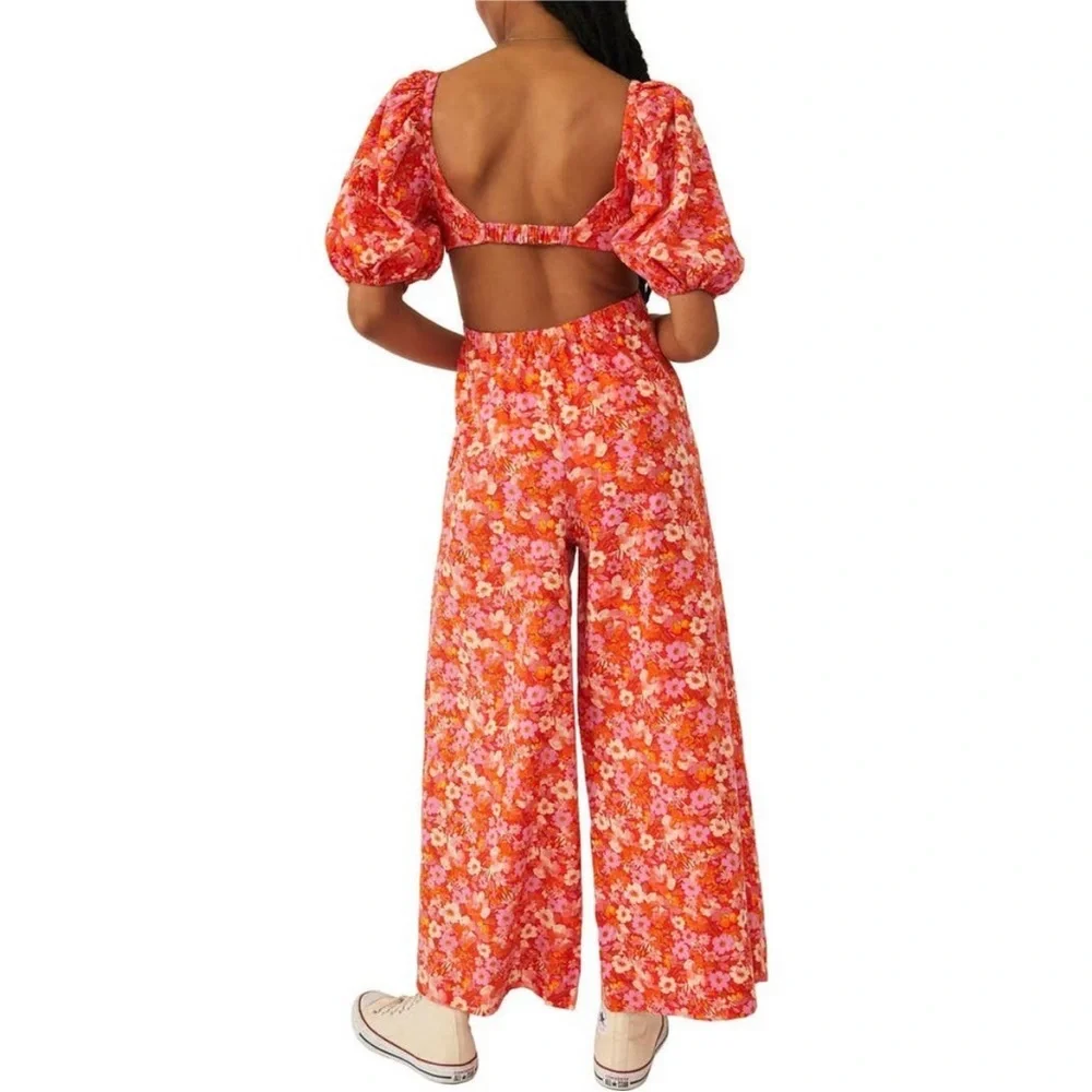 Free People 100% Cotton Bright Pink Puff Sleeve Wide Leg Jumpsuit Size Small